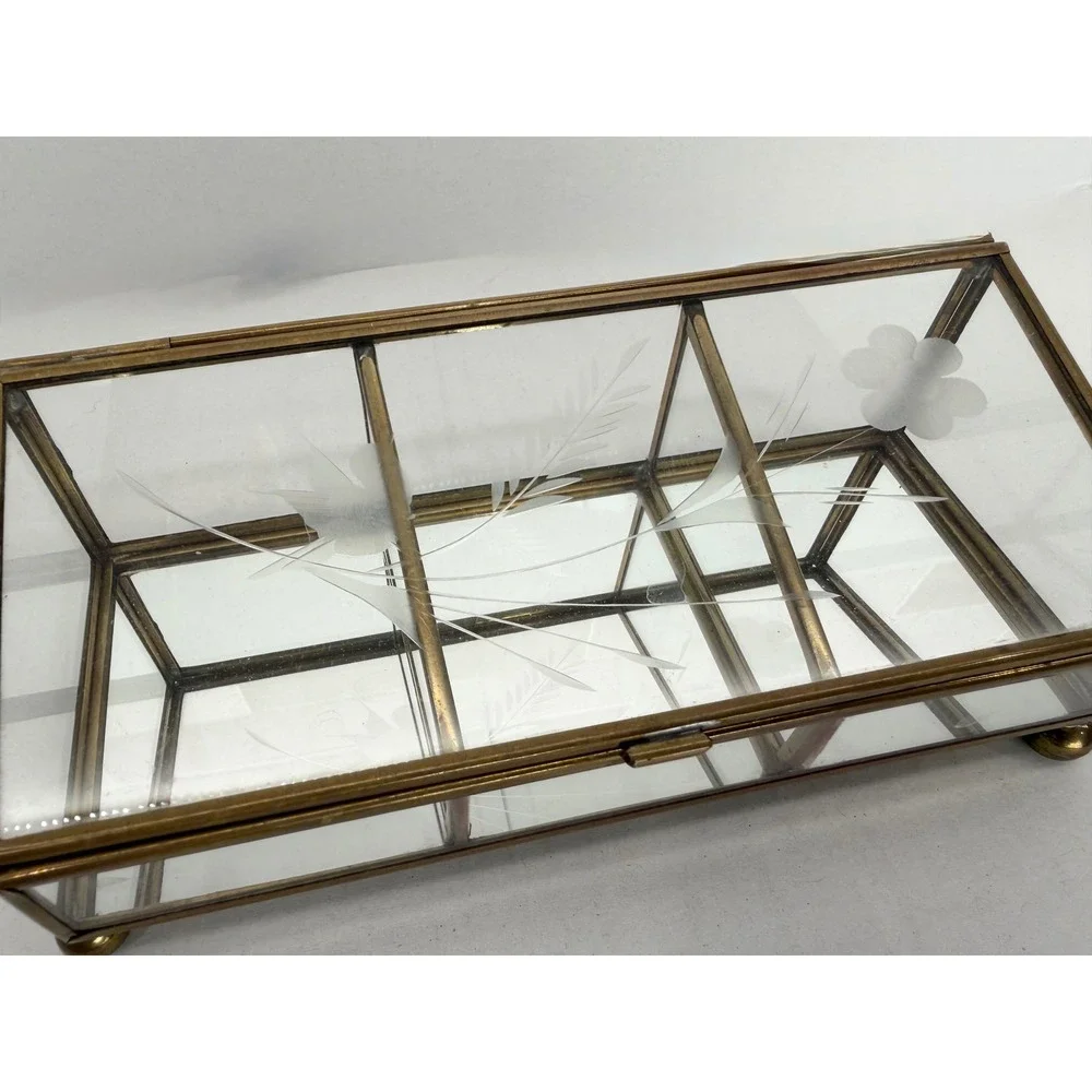 Jewelry Box Etched Glass Brass Mirror Small Gold Vintage 3-Section